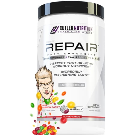 Repair Post Workout Recovery Drink: Fast Absorbing Carbohydrates (Waxy Maize + Cluster Dextrin) and BCAA/EAA for Advanced Muscle Recovery, Sour Rainbow Candy, 20 Servings