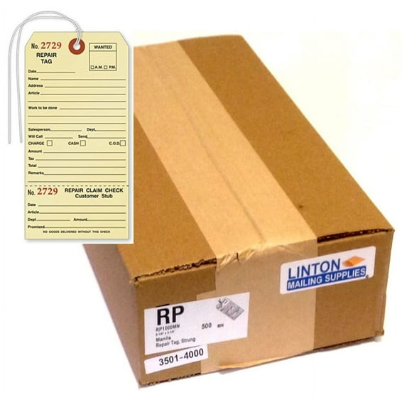 Repair Tag, Manila Cardstock (3.125" x 6.25"), w Tear-Off Claim Check, Black Ink w Sequential Red Numbers, Reinforced Hole w String Attached - Box of 500 Tags