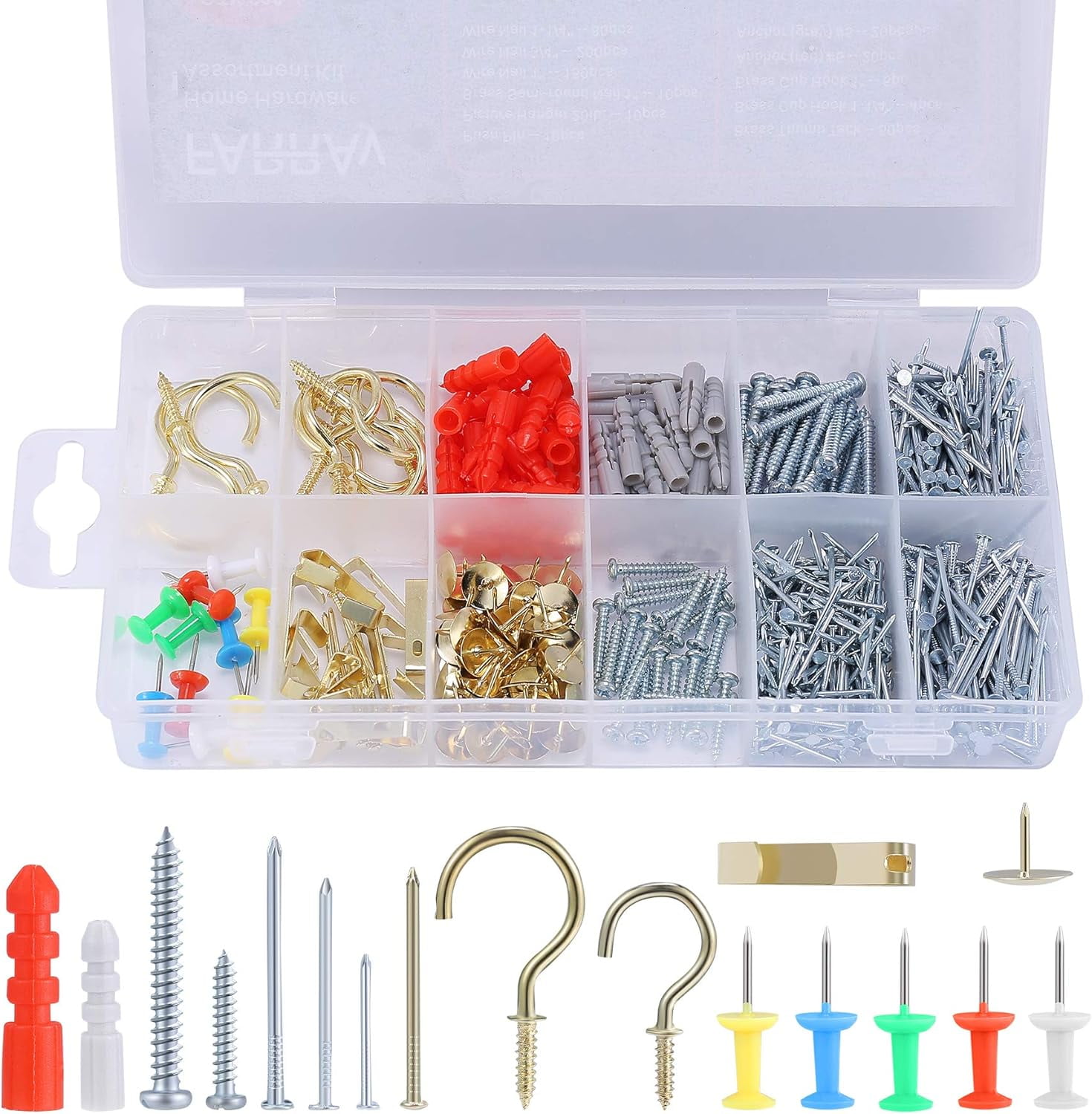 Repair and Wall Hanging Kit: Screws, Nails, Drywall Anchors, Picture Hangers, Cup Hooks, Push Pins, Thumb Tacks, 600pcs
