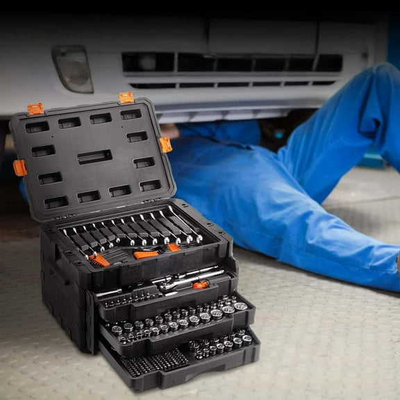 Repair toolbox, mechanical tool kits and socket sets, 450 pieces of SAE and metric mechanical tool kits, including sockets, hex wrenches, combination wrenches, accessories, suitable for garages