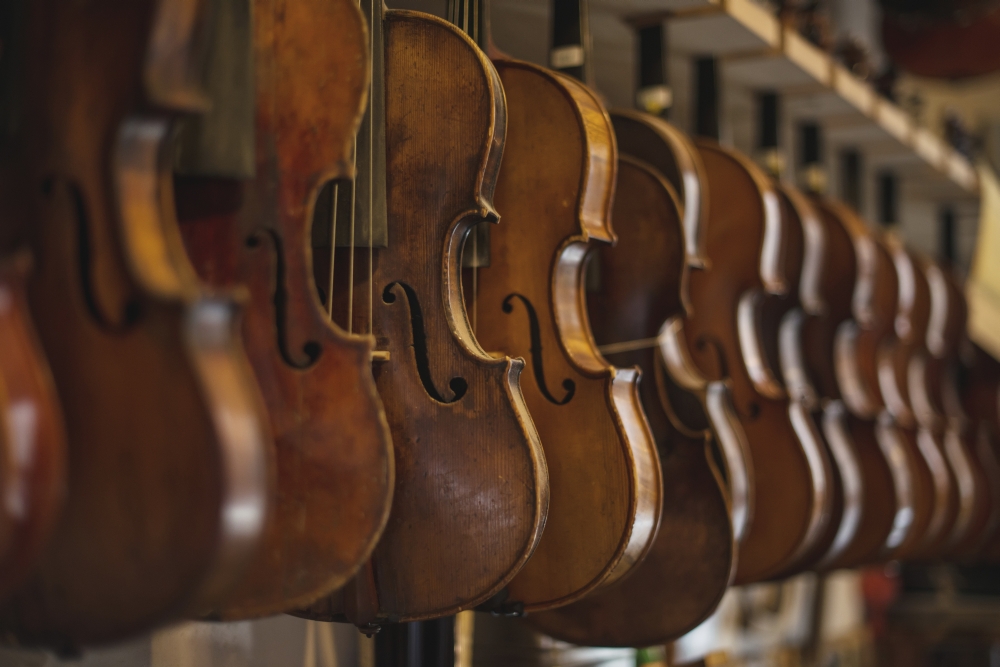 Repaired violins and violas on racks in The Sound Post repair shop Toronto Ontario Canada Canvas Art - James MacDonald Design Pics (19 x 12)