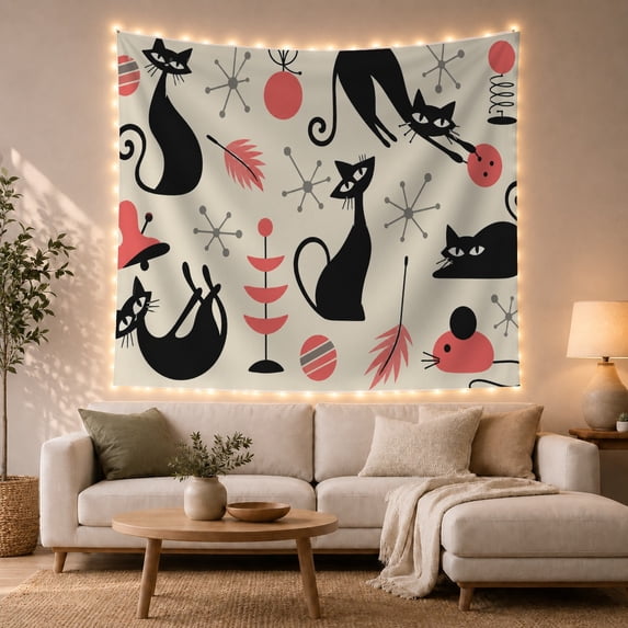 Repeating Black Cats with Coral Mice and Atomic Dots on Cream, Playful Retro for Cat Lovers, Animal Themed Decor, Birthday Gift Tapestry Wall Hanging for Bedroom and Dorm