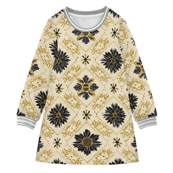 Repeating Black Flowers Gold Pattern Long-sleeved Dress A-line One-Piece Dress for 2-8 Years Casual Party 3T