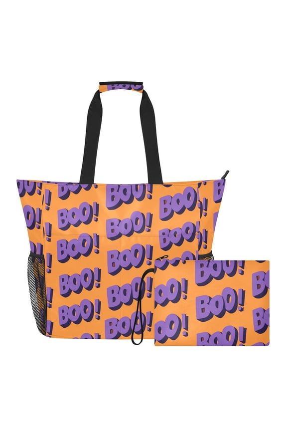 Repeating Boo Sign Halloween Beach Bag Travel Tote Bag Reusable Shopping Bag Gym Bag with Wet Pocket Waterproof