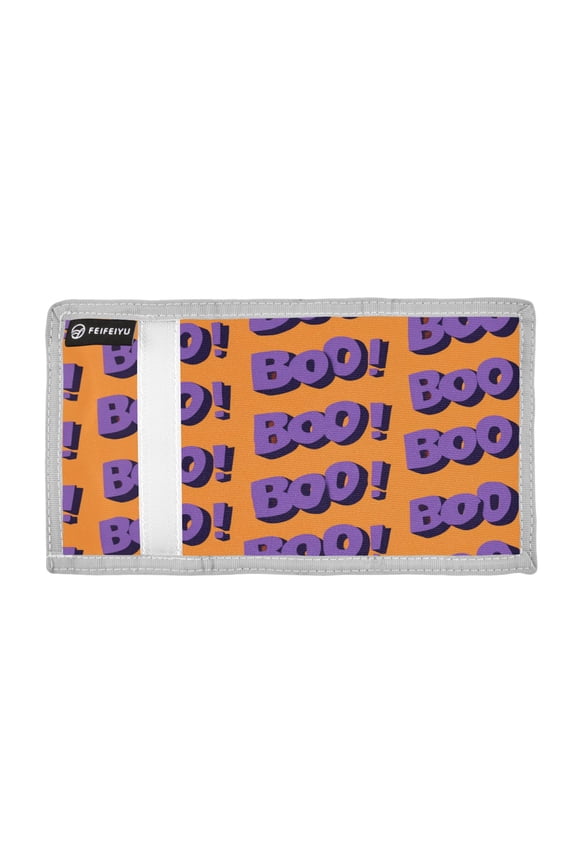 Repeating Boo Sign Halloween Trifold Wallets Card Holders Coin Pockets with Lanyards Portable Unisex