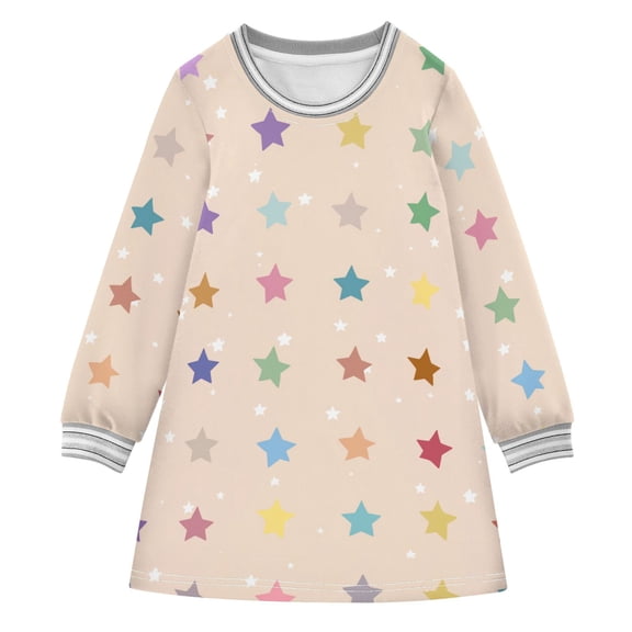Repeating Colorful Stars Long-sleeved Dress A-line One-Piece Dress for 2-8 Years Casual Party 3T