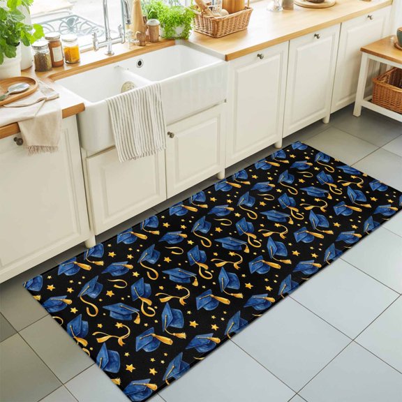 Repeating Graduation Caps Rectangle Area Rug 2x6ft,Living Room Rug Non-Slip Washable Circle Rugs Pad,Stars and Tassels Soft Floor Carpet for Bedroom Dining Room