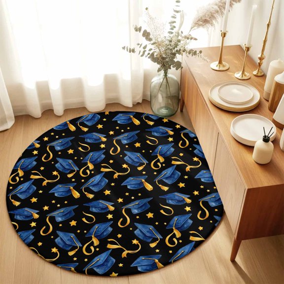 Repeating Graduation Caps Round Area Rug 3ft,Living Room Rug Non-Slip Washable Circle Rugs Pad,Stars and Tassels Soft Floor Carpet for Bedroom Dining Room