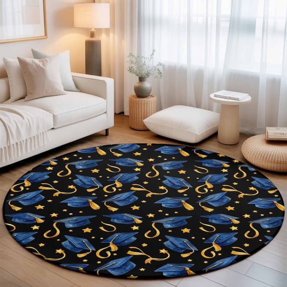 Repeating Graduation Caps Round Rug 5ft Stars and Tassels Washable Area Rugs for Living Room Bedroom Entryway Non Slip Entrance Door Mat Indoor Floor Carpet
