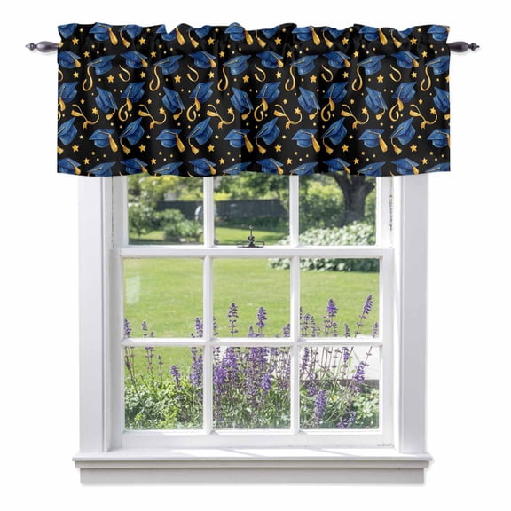 Repeating Graduation Caps Valances for Windows,Kitchen Valance Rod Pocket Short Curtain, Stars and Tassels Valance Curtain Window Valances for Bedroom Bathroom Living Room 42x12in