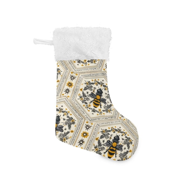 Repeating Hexagon Pattern with Honey Bee Christmas Stockings Large Capacity 18 inch Gift Bag with Hook Xmas Holiday Decor 1 Pack