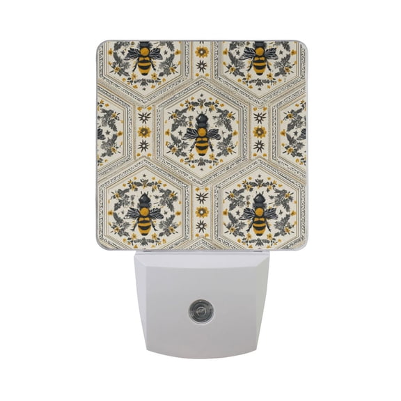 Repeating Hexagon Pattern with Honey Bee LED Night Light Sensor Lamp Plug-in Adjustable Brightness 2 Pack