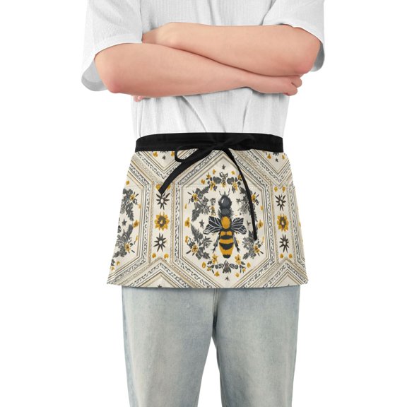 Repeating Hexagon Pattern with Honey Bee Short Server Apron with 3 Pockets for Unisex Chef Gardening