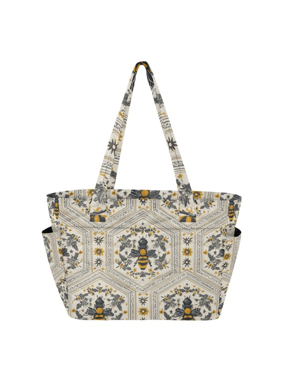 Repeating Hexagon Pattern with Honey Bee Women's Quilted Tote HandBag Beach Bag Shoulder Bag with Luggage Strap 18L for Commute Gym Travel