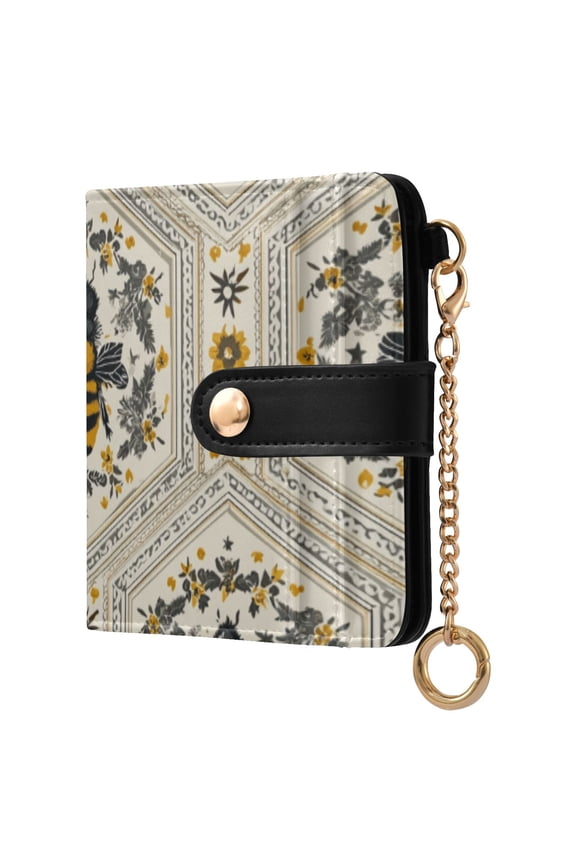 Repeating Hexagon Pattern with Honey Bee Women's Wallet PU Leather Card Cases RFID Blocking Purse Billfold with Key Ring