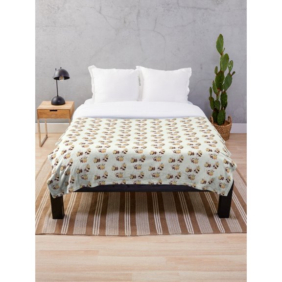 Repeating Honey Bee Pattern Cream, Gold and Black Polyester Fleece Blanket, 280 GSM, Nature Theme for Couch or Bed