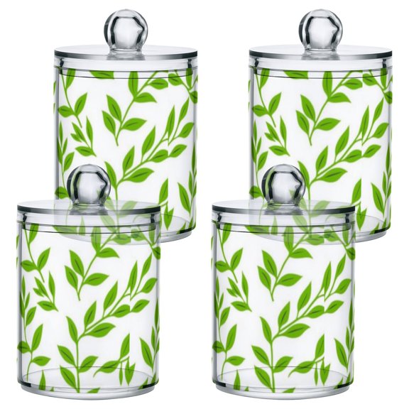 Repeating Leaf Motif Bathroom Canisters Set of 4 Translucent Plastic Storage for Cotton Pads and Floss