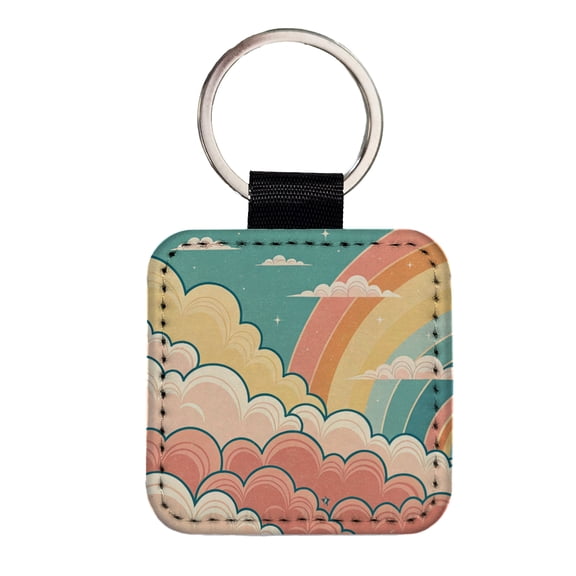 Repeating Puffy Clouds Retro Cute Rainbow Faux Leather Square Keychain