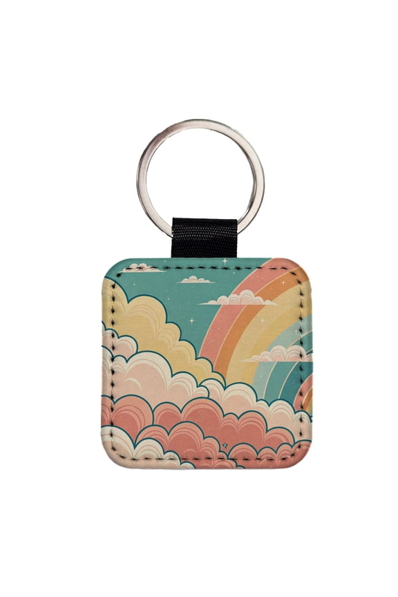Repeating Puffy Clouds Retro Cute Rainbow Faux Leather Square Keychain