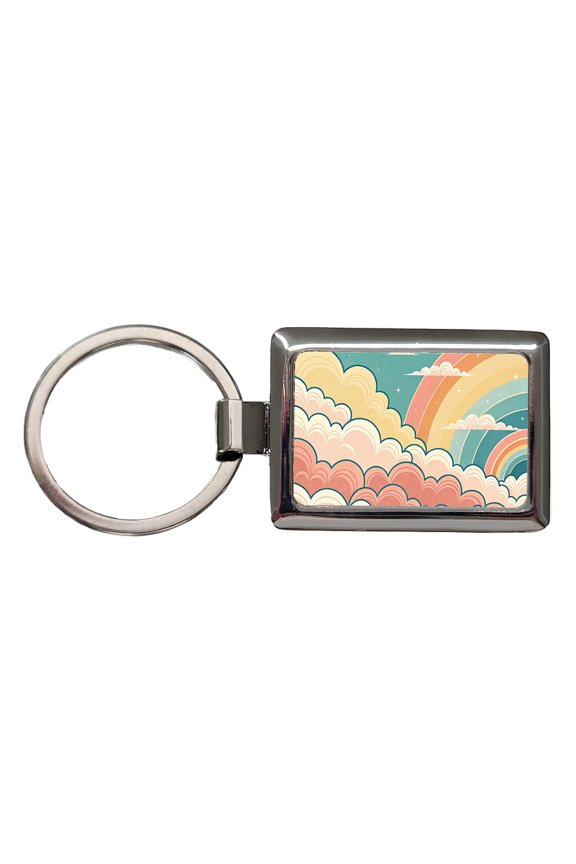 Repeating Puffy Clouds Retro Cute Rainbow Metal Rectangle Keychain