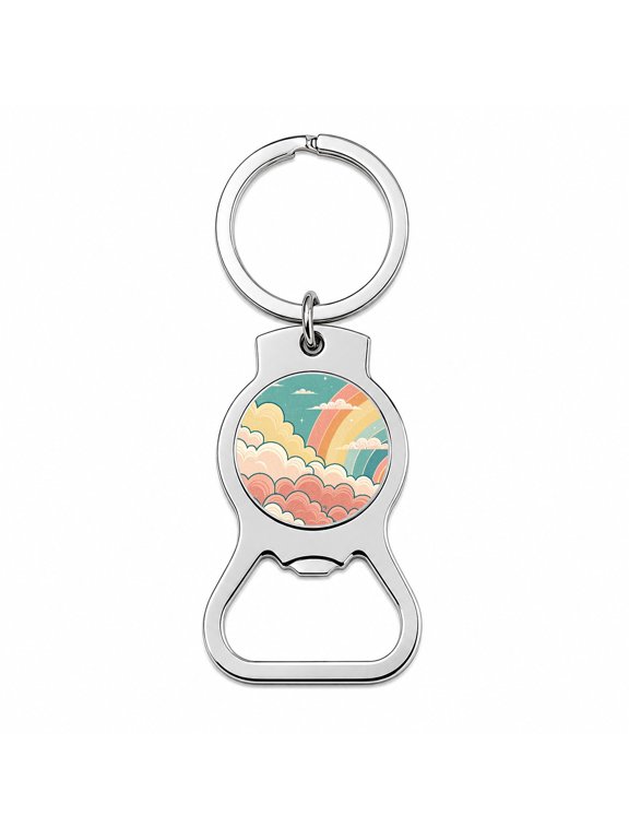 Repeating Puffy Clouds Retro Cute Rainbow Portable Bottle Opener Metal Keychain