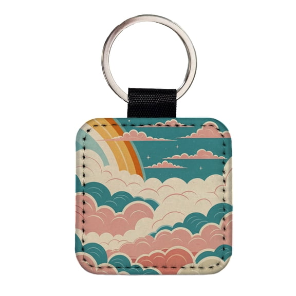 Repeating Puffy Clouds Retro Style Faux Leather Square Keychain