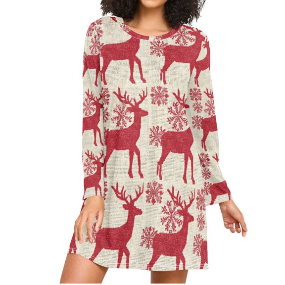 Repeating Red Reindeer Christmas Women's Long Sleeves Nightgowns Sleepwear Soft Pajama A-line Sleep Dress XL