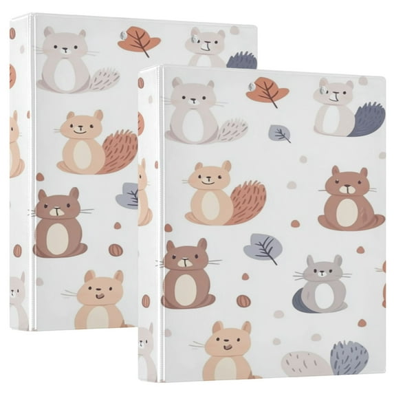 Repeating Squirrel Pattern 12.4x10.6in PVC Round Ring Binders, 2-Pack, D-Ring 3-Hole, Metal Clip