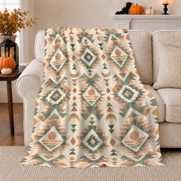 Repeating Stepped Diamonds With Triangles And Crescents, Soft Flannel Blanket with Southwestern Geometric Pattern Print, Housewarming Gift and Home Decor for Bedroom and Living Room
