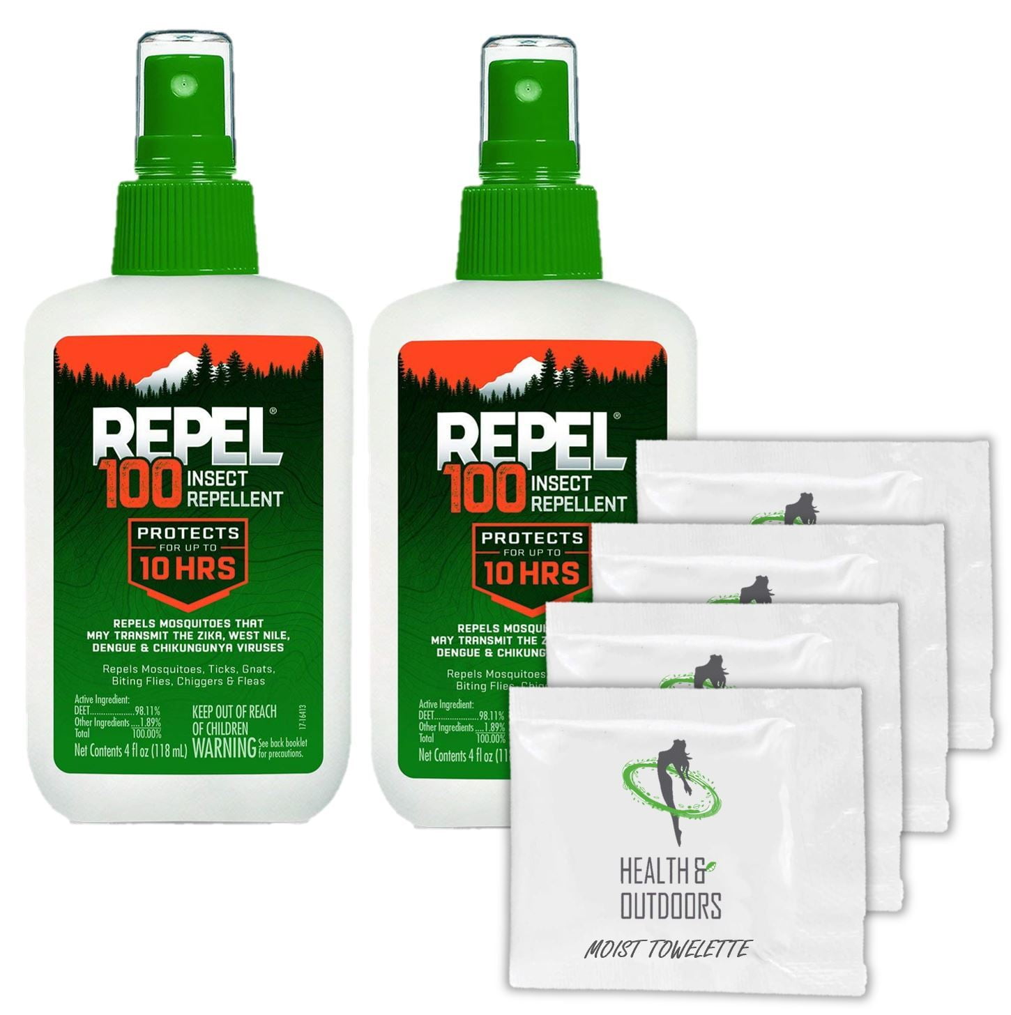 Repel 100 Insect Repellent, Pump Spray, 4Ounce (2 Pack W/ 4 HAO Wipes
