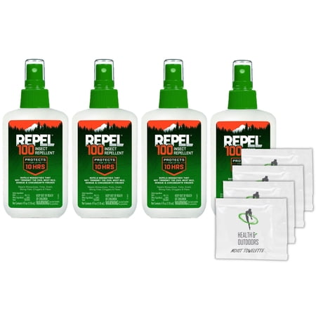 Repel 100 Insect Repellent, Pump Spray, 4-Ounce (4 Pack W/ 6 HAO Wipes)