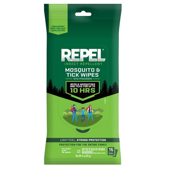 Repel Insect Repellent Mosquito & Tick Wipes - 12% Picaridin, 15 Count, 3 Ounces