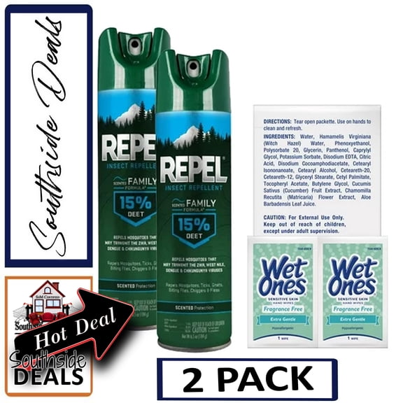 Repel Insect Repellent Spray Scented Family Formula 15% DEET, 6.5 Ounce - 2 Pack Bundle includes 2 Wet Ones Wipes
