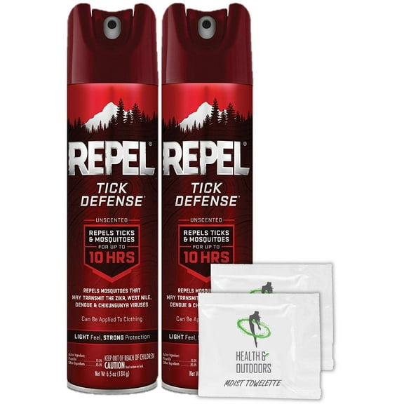 Repel Tick Defense 6.5 Ounce Aerosol Spray (2 Count) + (2) BONUS Moist towelettes