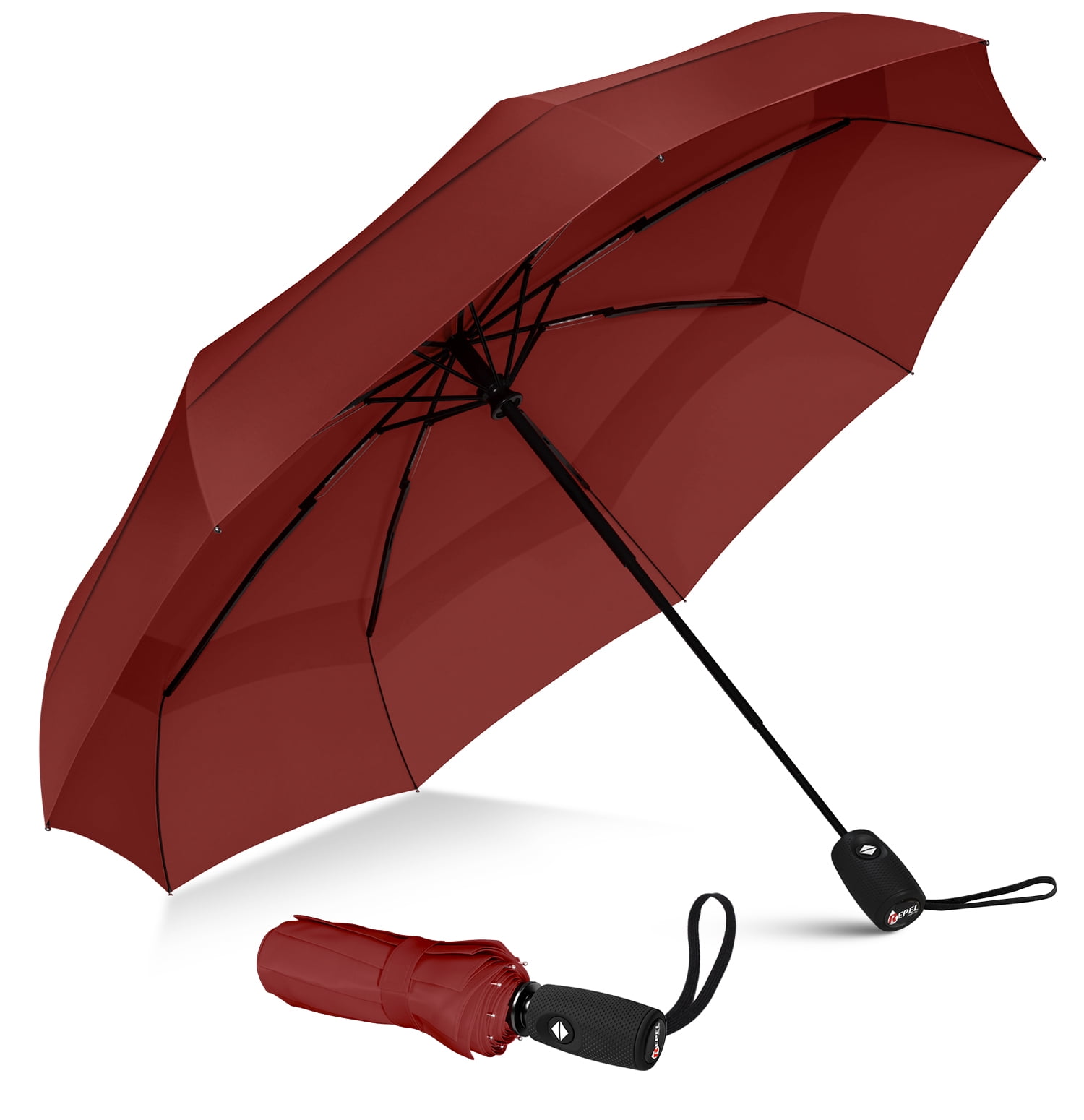 Repel Windproof Travel Umbrella, Teflon Coated Double Vented Canopy, Compact, Automatic Red