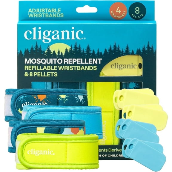 Cliganic Natural Outdoor Mosquito Repellent Wristband, 4 Adjustable Bands with 8 Refill Pellets