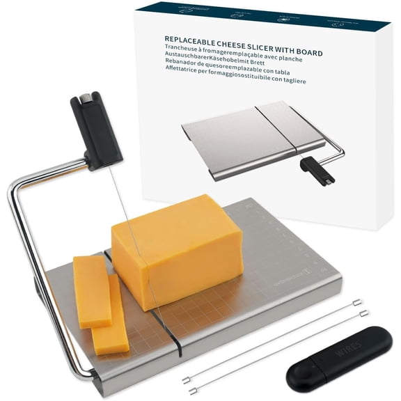Replaceable Wire Cheese Slicer with Board and Measuring Grids,Tightness Adjustable Cheese Slicer, Stainless Steel Metal Cheese Cutter for Block Cheese, Dishwasher Safe, with 2 Extra Wires