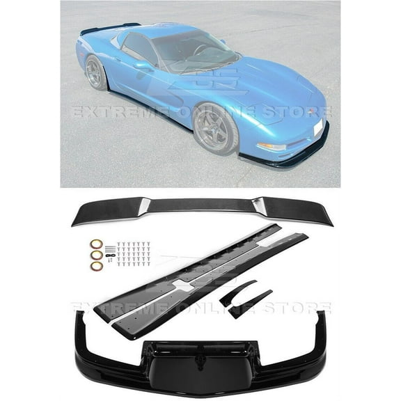 Replacement For 1997-2004 Chevrolet Corvette C5 Models | ZR1 Extended Style ABS Plastic - Painted Glossy Black Front Bumper Vented Lip Splitter Side Skirts Extension Pair & Rear Trunk Wing Spoiler