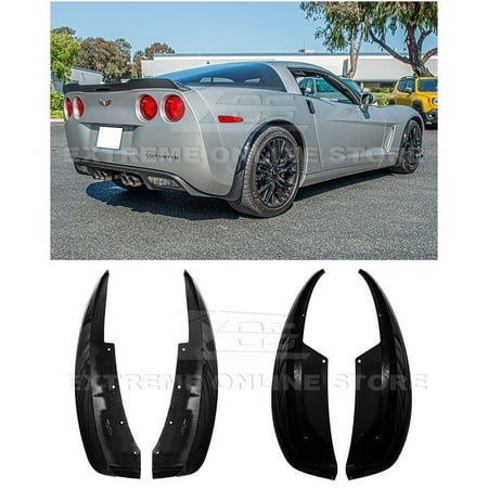 Replacement For 2005-2013 Chevrolet Corvette C6 Base Models | GM Factory XL Extended Style Front & Rear ABS Plastic - Painted Glossy Black Side Wheel Splash Guards Mud Flap Pair