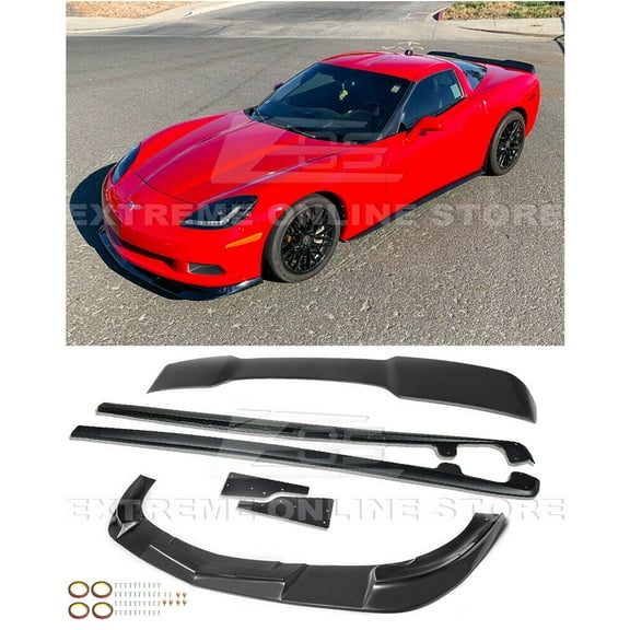 Replacement For 2005-2013 Chevrolet Corvette C6 Base Models | ZR1 EXTENDED Style ABS Plastic PAINTED BLACK Front Bumper Lower Lip Splitter Side Skirts Rocker Panel & Rear Wing Spoiler