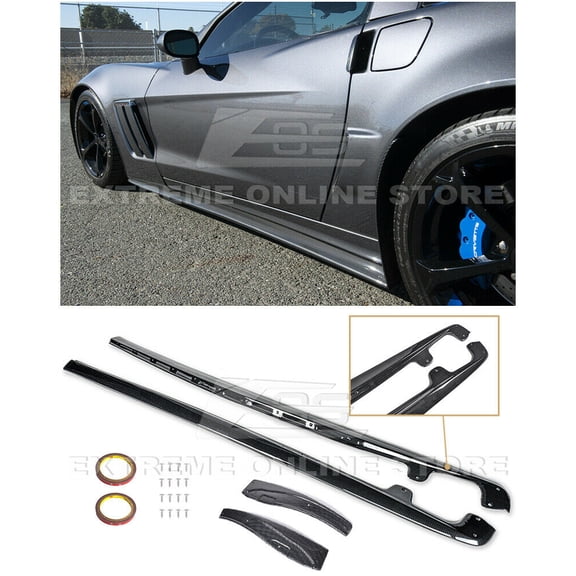 Replacement For 2005-2013 Chevrolet Corvette C6 Base Models | ZR1 Style Side Skirts Rocker Panels Extension With Mud Flaps Pair ( ABS Plastic - Hydro-Dipped Carbon Fiber )