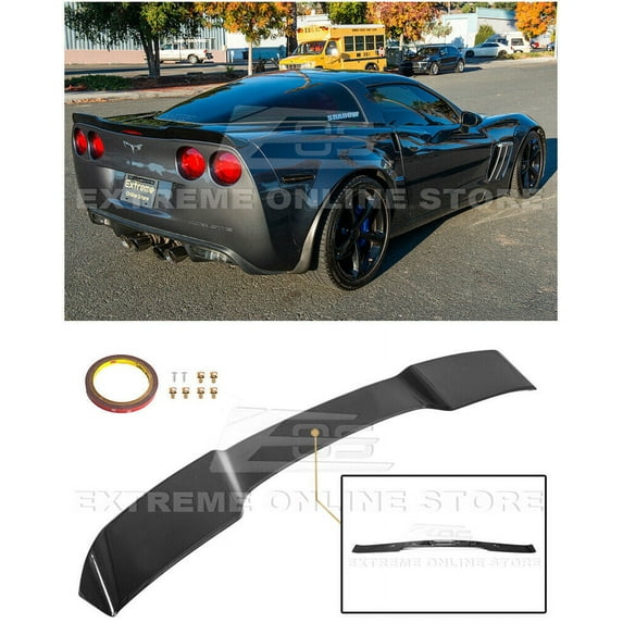 Replacement for 2005-2013 Chevrolet Corvette C6 All Models | ZR1 Extended Style ABS Plastic Painted Glossy Black Rear Trunk Lid Wing Spoiler (ABS Plastic - Glossy Black)