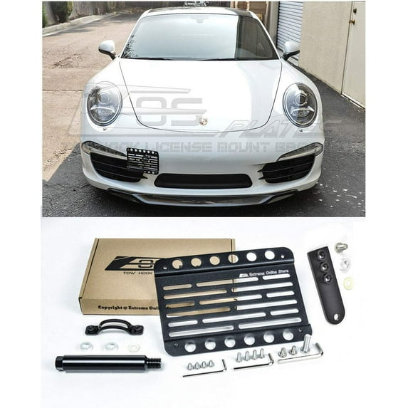 Replacement For 2012-Present Porsche Carrera 2, 4, 4S & GTS Models | EOS Plate Version 1 Mid Sized Front Bumper Tow Hook License Plate Mount Relocator with Lowering Extension Bracket 