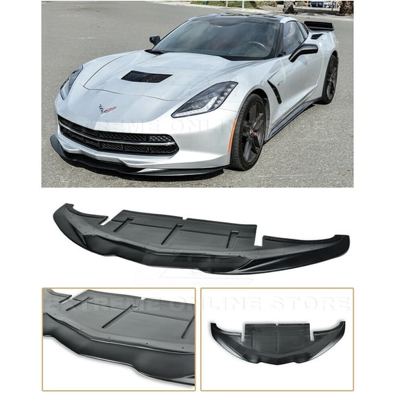 Replacement for 2014-2019 Chevrolet Corvette C7 | EOS Aero Bottom Line Style ABS Plastic Primer Black Front Bumper Lower Lip Splitter with Side Extension Deflectors
