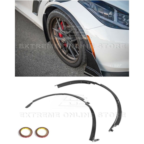 Replacement For 2014-2019 Chevrolet Corvette C7 All Models | Z06 Z07 Style Front Wheel Trim Molding Fender Flares Pair ( ABS Plastic - Hydro-Dipped Carbon Fiber )