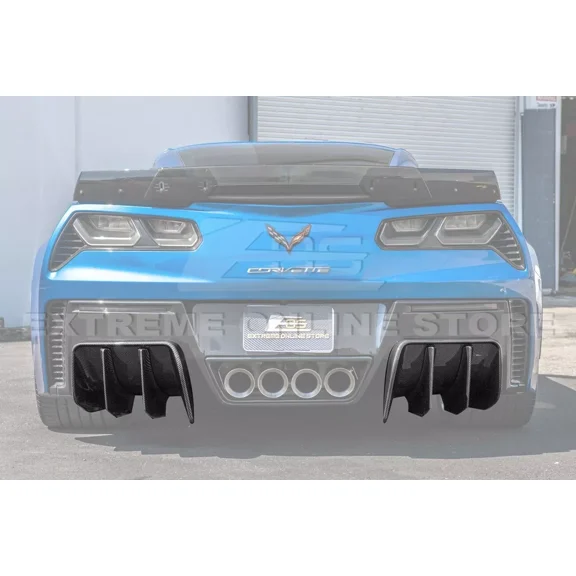 Replacement For 2014-2019 Chevrolet Corvette C7 | Performance Track Style Rear Bumper Lower Add-On Fin Diffuser Pair ( ABS Plastic - Hydro-Dipped Carbon Fiber )