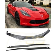 Replacement For 2014-2019 Corvette C7 ALL Models | Z06 Performance Stage 2 Style ABS Plastic Plastic-BLACK Front Bumper Lower Lip Splitter & Side Skirts Rocker Panels Pair