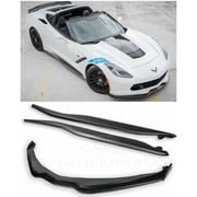 Replacement For 2014-2019 Corvette C7 ALL Models | Z06 Stage 2 Front Bumper Lip Splitter With CARBON FIBER Side End Caps & Side Skirts Rocker Panel Pair ABS Plastic - Plastic Black