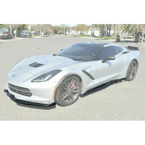 Replacement For 2014-2019 Corvette C7 ALL Models | Z06 Stage 2 Front Bumper Lip Splitter With Side End Caps & Side Skirts Rocker Panel Pair (Carbon Fiber)