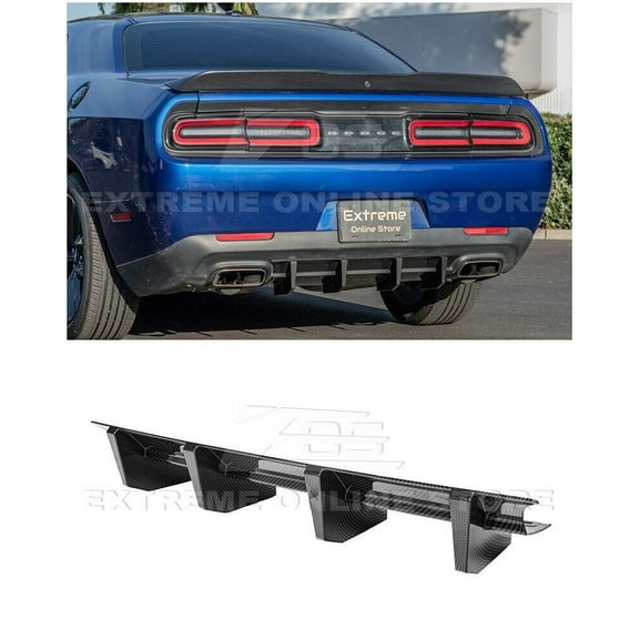 Replacement For 2015-Present Dodge Challenger All Models | SRT Factory Style Rear Bumper Dual Tips Exhaust Diffuser (ABS Plastic - Hydro-Dipped Carbon Fiber)